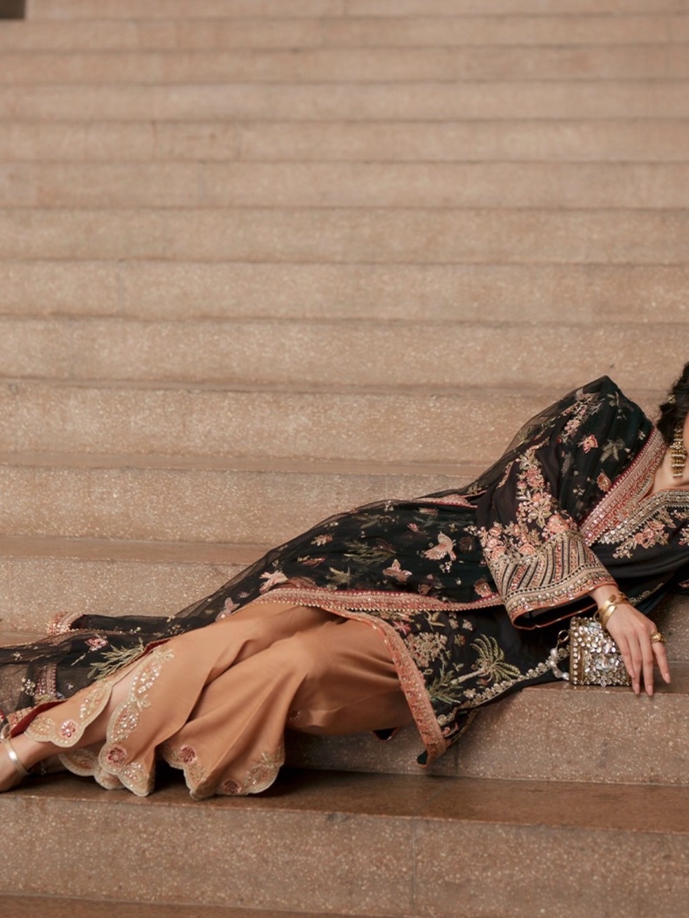 ETHNC Embroidered Black Floral Tunic with Tan Pants